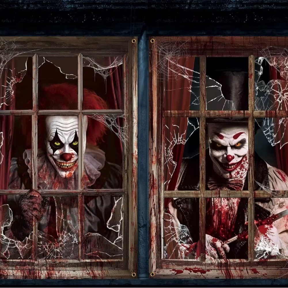 2PCS Bloody Clown Halloween Window Posters Horror Decoration Haunted House Prop